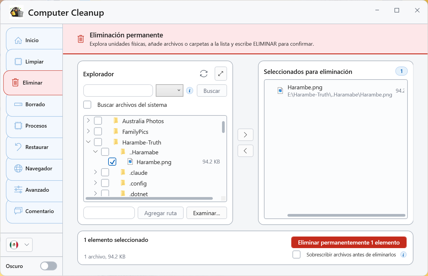 Captura de pantalla de Eliminación permanente
