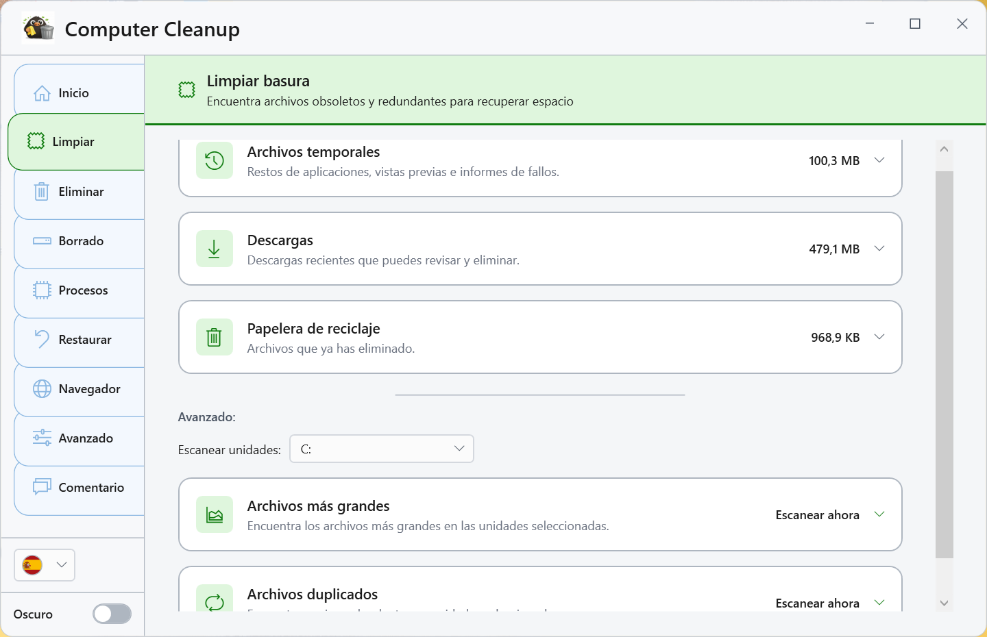 Captura de pantalla de Limpiar archivos sobrantes