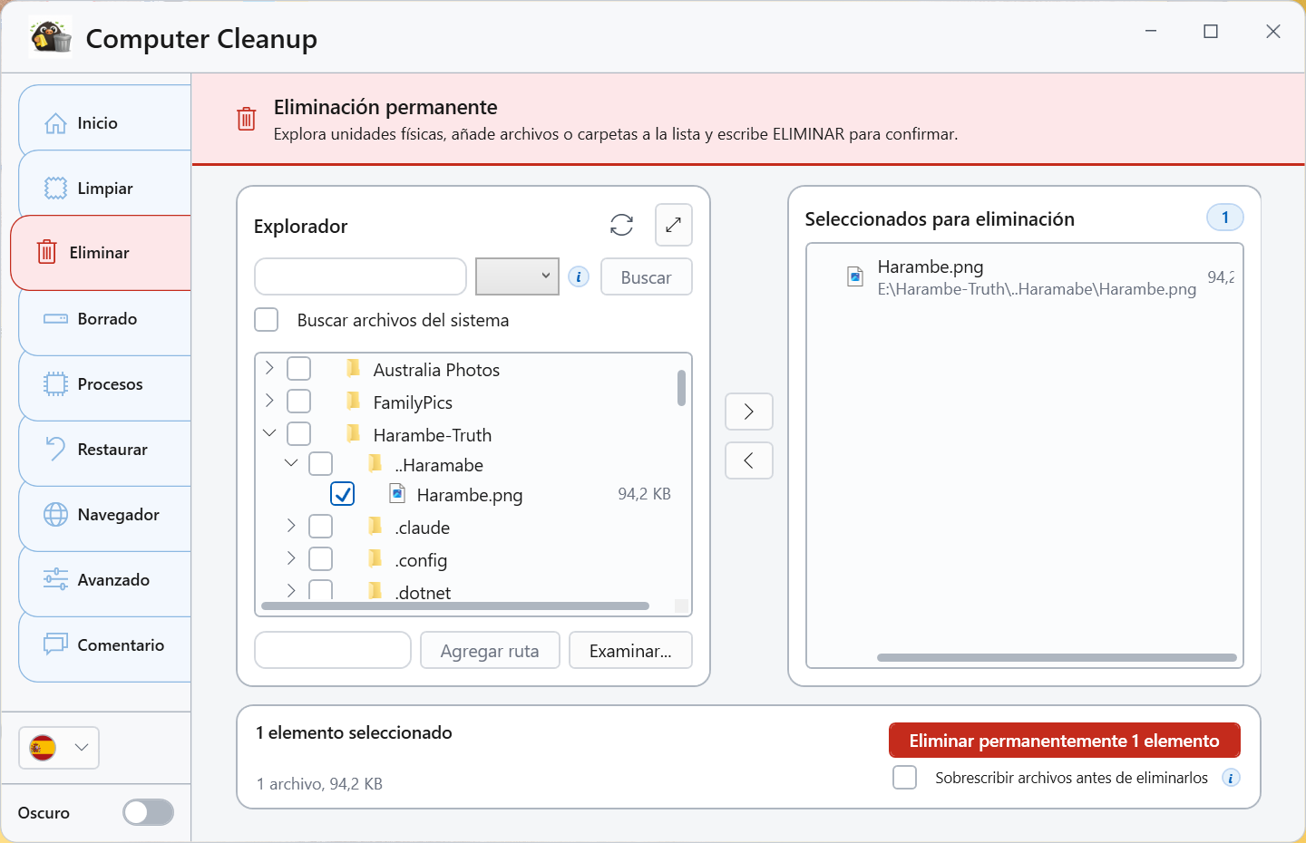 Captura de pantalla de Eliminación permanente