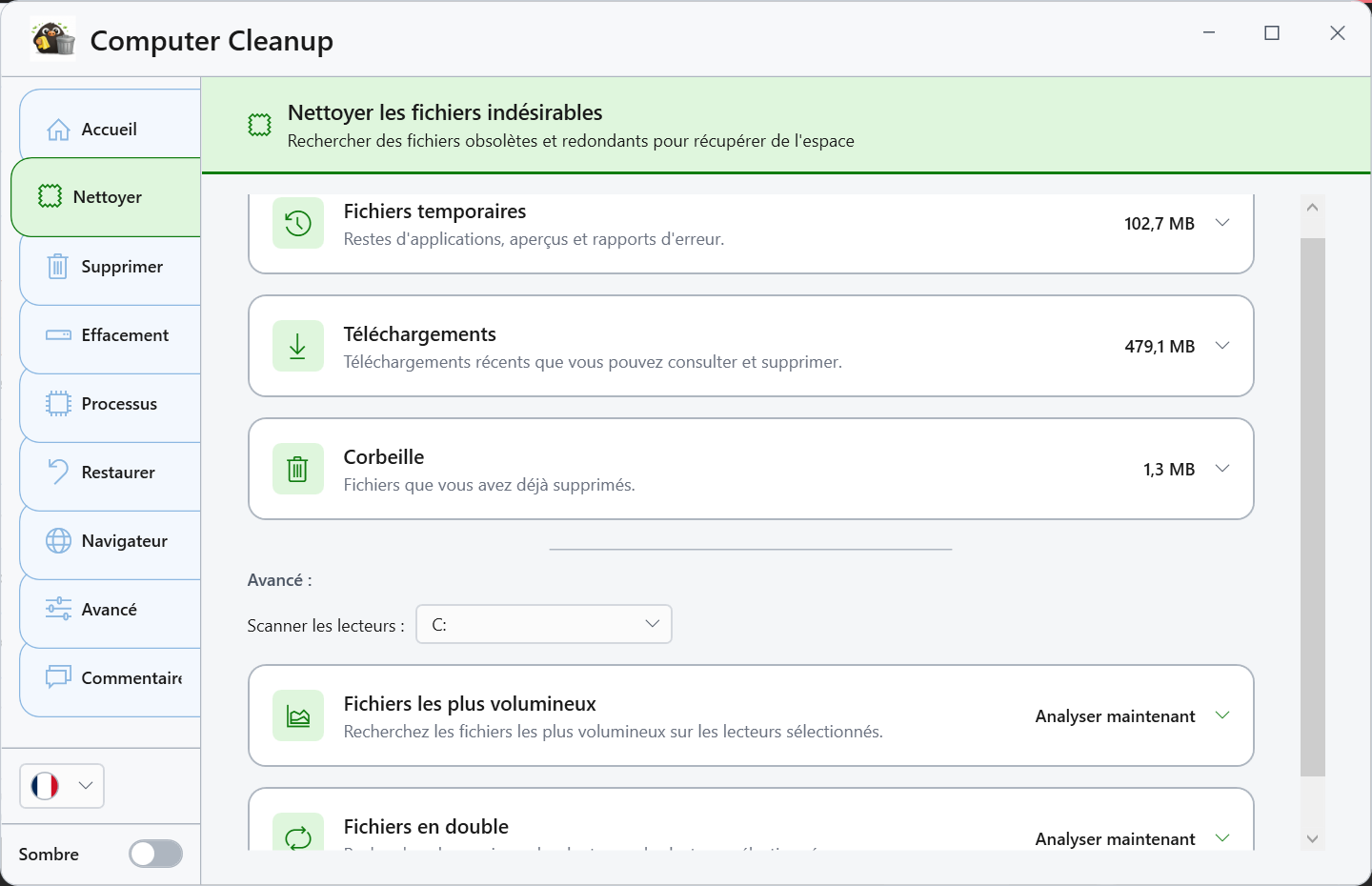Capture d'écran : Nettoyer les fichiers indésirables