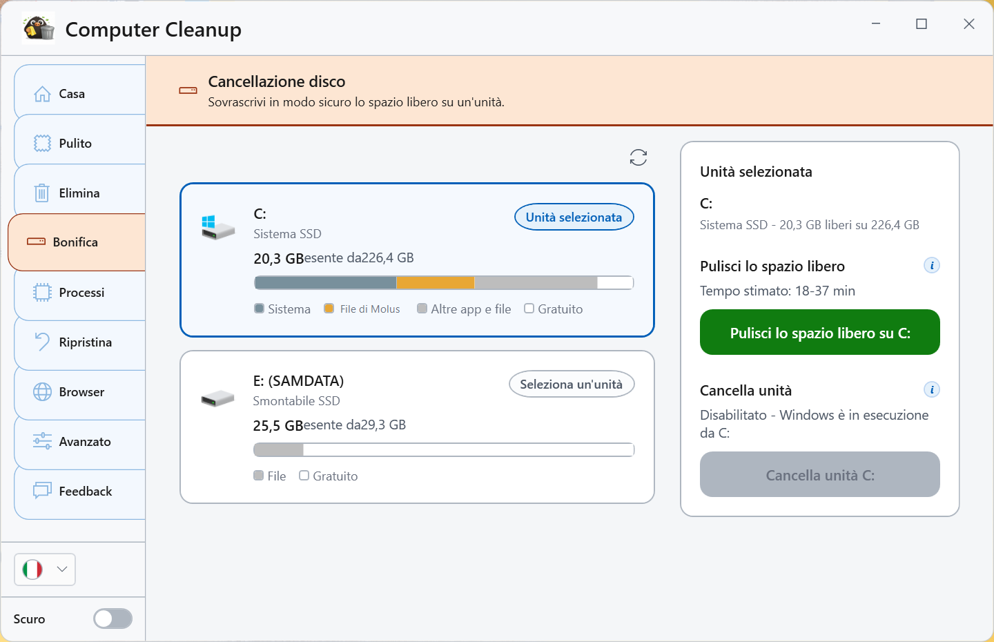 Schermata di Pulisci spazio disponibile