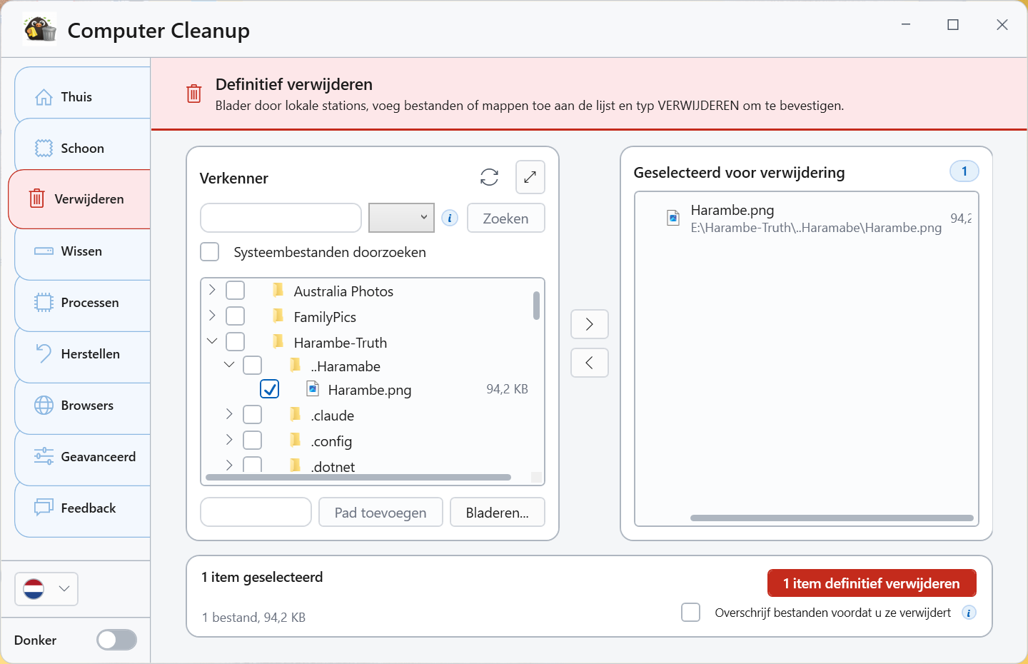 Schermafbeelding: Definitief verwijderen